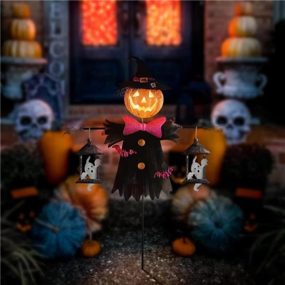 Solar Halloween Yard Decoration Iron Scarecrow Jack O'Lantern - Picture 3 of 5